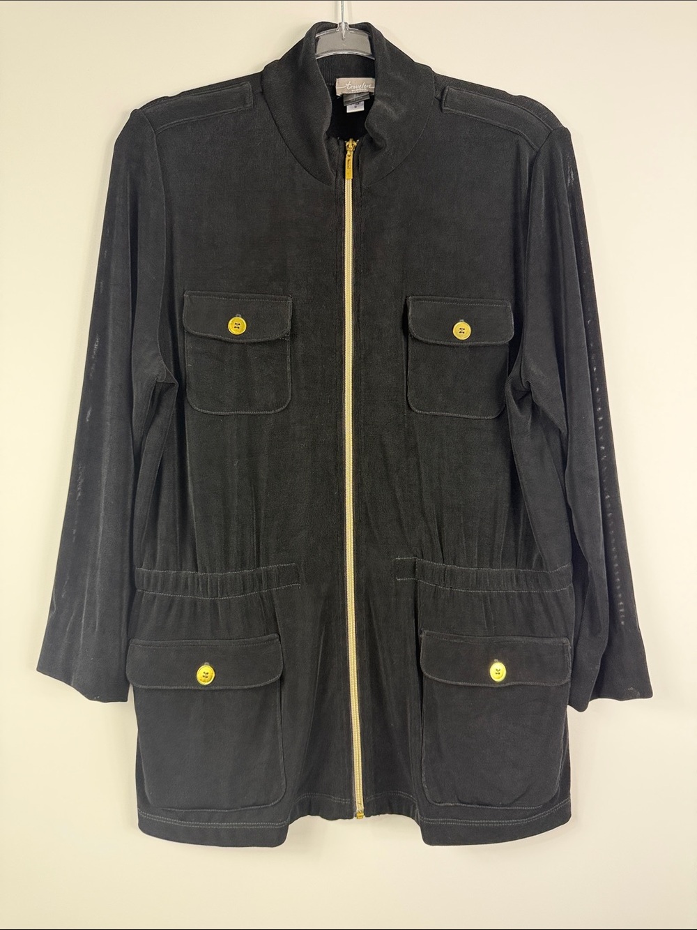 Chico’s Travelers Black Liquid Knit Zip Utility Jacket 2 L Stretch - Picture 2 of 5